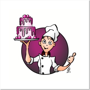 Pastry chef with a pink glazed cake Posters and Art